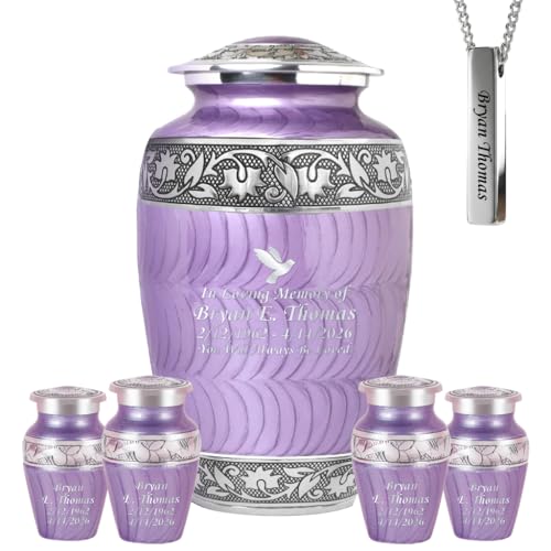 Set of 6 Custom Engraved Purple Cremation & Funeral Urns for Ashes for Women & Men - Includes 1 Custom Engraved Large Purple Urn with 4 Small Keepsakes & 1 Necklace - color: Custom Purple Patch Set