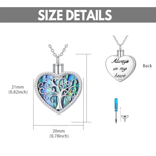 Tree of Life Urn Necklace for Ashes, S925 Sterling Silver Hummingbird/Cross/Love Heart Pendant Cremation Jewelry with Funnel Filler Memorial Keepsake Gifts for Women Men - color: Heart Abalone Shell Urn Necklace