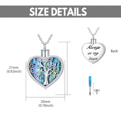 Tree of Life Urn Necklace for Ashes, S925 Sterling Silver Hummingbird/Cross/Love Heart Pendant Cremation Jewelry with Funnel Filler Memorial Keepsake Gifts for Women Men - color: Heart Abalone Shell Urn Necklace