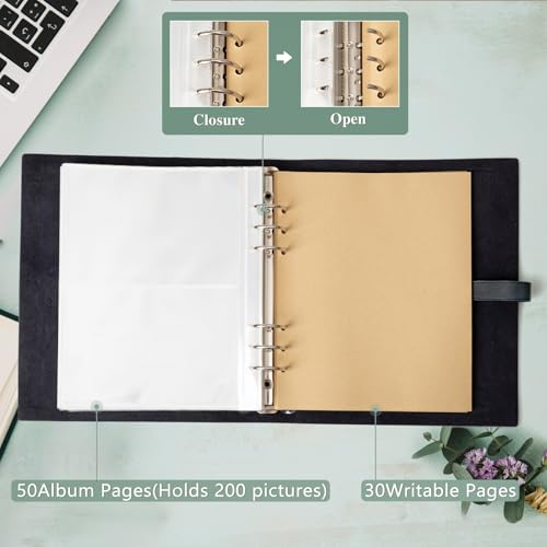Photo Album 4x6 200 Photos, Genuine Leather Albums Page Refillable with 30 Pieces Writing Paper, Best Gift for Travel Wedding Kids Graduation Baby Picture Album Scrapbook - color: Black