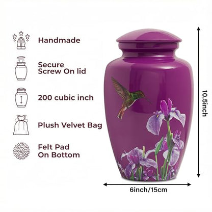 Purple Hummingbird Cremation Urn for Ashes Adult Female Male | Large Urn for Human Ashes Women and Men,Decorative Burial Urn for Mom/Mother/Grandma/Sister(up to 200 lbs) - size: Large,Hummingbird