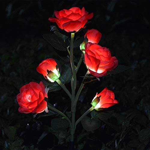 [Upgraded 6 Flowers] Garden Solar Decorative Lights, Outdoor Waterproof Realistic Artificial Rose Flowers for Backyard Pathway Porch Step Memorial Cemetery Gravesite Decor, Red - color: Red