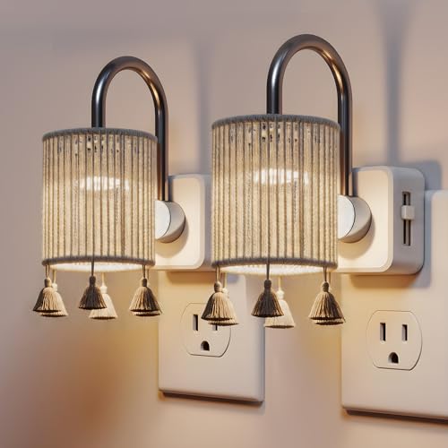 L LOHAS LED Night Lights Plug into Wall, Boho Fabric Cylinder Night Light - color: Silver pole -3000k, size: 2 Pack