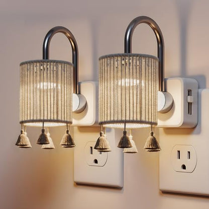 L LOHAS LED Night Lights Plug into Wall, Boho Fabric Cylinder Night Light - color: Silver pole -3000k, size: 2 Pack