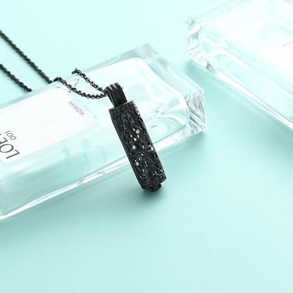 Tree of Life Urn Necklace for Women Men Cylinder Bar Memorial Ash Pendant | Tree of Life Cremation Jewelry,Stainless Steel Keepsakes Necklaces,Vial Ashes Pendant - color: Black