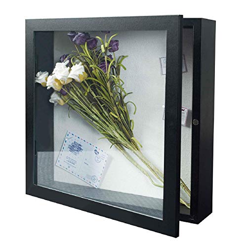 Muzilife 11x11 Shadow Box Wood Picture Frame, 2.16 Deep, Real Glass, Black | FSC-Wood, Magnetic Door, Linen Interior & Pins, Vertical, Horizontal Wall Hanging, Display Case Frame for Photos & Keepsakes - color: Black, size: 11x11