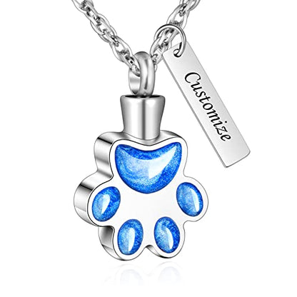 abooxiu Paw Print Urn Necklace for Ashes Cremation Necklace for Pet Ashes Stainless Steel Ash Necklace Memorial Ash Holder - color: Blue-Engraving