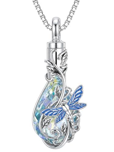 Urn Necklace for Ashes Butterfly/Dragonfly/Ladybug/Bee/Hummingbird Crystal Teardrop Ash Necklace Keepsake Pendant Cremation Jewelry Memorial Gift for Women With Funnel Filler - color: Dragonfly