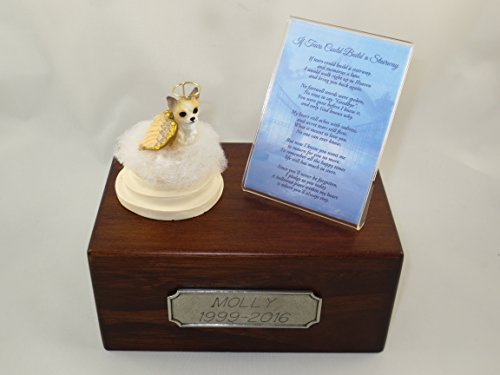 Beautiful Paulownia Small Wooden Urn with Tan & White Chihuahua Stairway to Heaven Figurine with Poem & Personalized Pewter Engraving - color: Tan and White Chihuahua Angel "If Tears Could Build a Stairway"