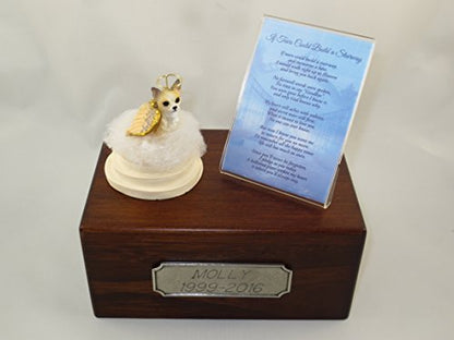 Beautiful Paulownia Small Wooden Urn with Tan & White Chihuahua Stairway to Heaven Figurine with Poem & Personalized Pewter Engraving - color: Tan and White Chihuahua Angel "If Tears Could Build a Stairway"