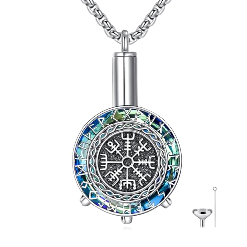 925 Sterling Silver Compass/Viking Runes Urn Necklace for Ashes Urn Pendant with Blue Crystal Memorial Keepsake Cremation Jewelry for Men Women Nature Lovers - color: White