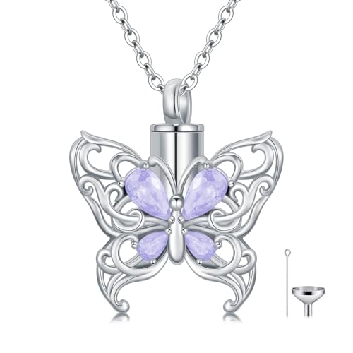 Cremation Necklace for Ashes 925 Sterling Silver Pet Paw/Butterfly Memorial Cremation Keepsake Pendant Jewelry Women Keepsake Bereavement Gift - color: A6-Butterfly-June