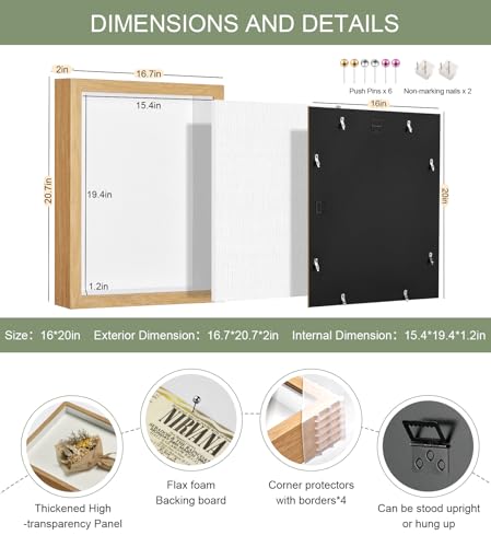 16x20 Large Shadow Box Frame with Thickened Acrylic Panel & Pins - color: Wood Color+foam Back+foam Packaging, size: 16x20