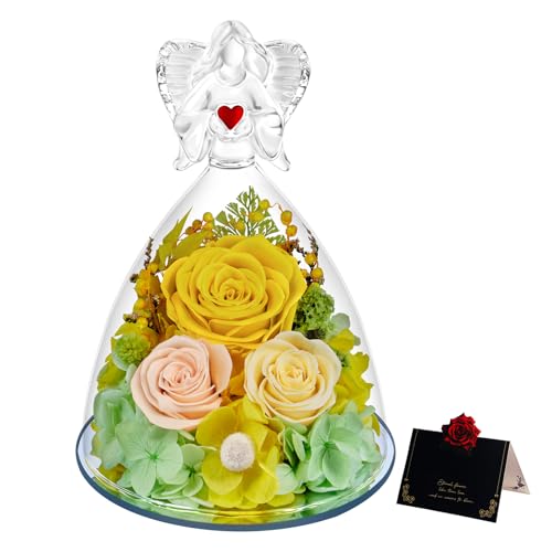 Preserved Flowers in Glass Angel Figurine with LED Light,Forever Real Roses Prime Eternal Flower Birthday Glitter Decorations for Her Women Mom Grandma Sister (Yellow2) - color: Yellow