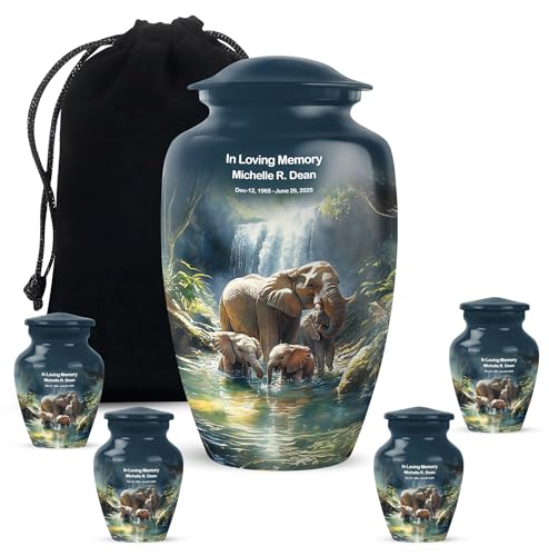 Elephant Family Large Urns for Human Ashes, Personalised Memorial Tiny Urn | 10" & 3" Customised Engraved Blue Memorial Keepsake Funeral Urns for Human Ashes Men & Women Cremation (1 Large, 4 Keepsake) - color: Elephant-1, size: 10 Inch & keepsake-4