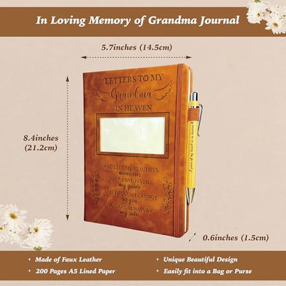 Grandma Grieving Gift, Sympathy Condolence Remembrance Memorial Gifts | Letters To My Grandma In Heaven Faux Leather Journal Window Cover 200 Pages A5 Lined for Family Friend Who Loss of Grandma - style: Grandma