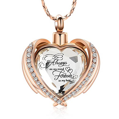 Imrsanl Cremation Jewelry for Ashes Pendant - Crystal Heart Urn Necklace with Mini Keepsake Urn Memorial Ash Jewelry - color: Rose Gold-White