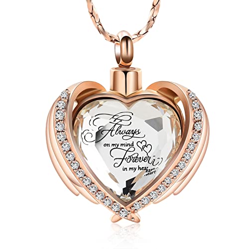 Imrsanl Cremation Jewelry for Ashes Pendant - Crystal Heart Urn Necklace with Mini Keepsake Urn Memorial Ash Jewelry - color: Rose Gold-White