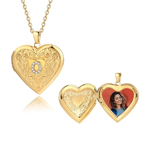 Badu Gold Initial A-Z Necklace for Women Heart Photo Lockets that Hold Picture Love Image Cubic Zirconia Necklace - color: O