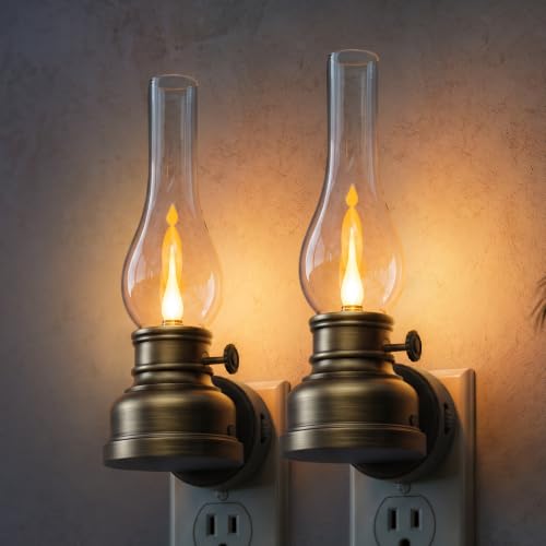 L LOHAS LED Flameless Candles Night Light, Rechargeable Plug in Night Light | 2 Pack Kerosene Lamp Night Lights Plug into Wall, Dimmable Flickering Flame Vintage Oil Lamp, Dusk to Dawn sensor Nightlight - color: Copper-3000K, size: 2 Pack
