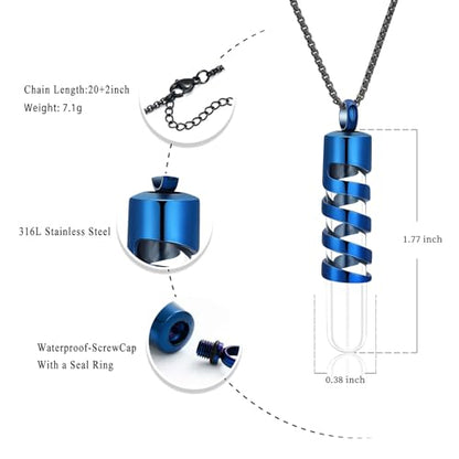 Oinsi Clear Glass Tube Cremation Urn Jewelry Ashes Holder Necklace Keepsake Memorial Pendant Including Box/Fill Kits - color: Blue (Angel wing)
