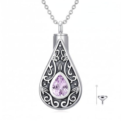 Teardrop Urn Necklace for Ashes Filigree Birthstone Keepsake Pendant Cremation Jewelry for Ashes Memorial Jewelry Gifts for Loss of a Loved One for Women - style: Jun-Alexandrite