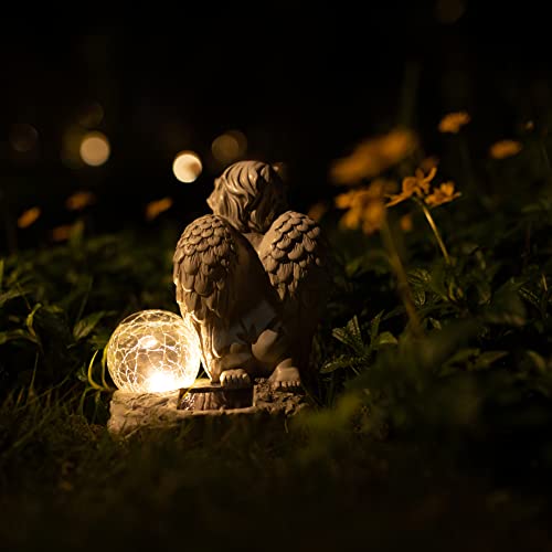 Angel Decor Praying Cherubs Statue, Garden Decor with Solar Crackle Glass Globe for Lawn Patio Decorations - style: Modern