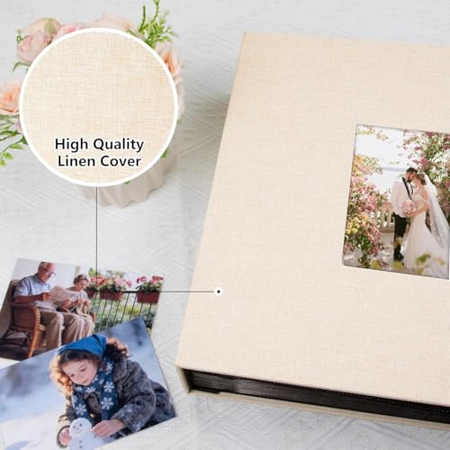 Aevdor Large Capacity 4x6 Photo Album, 1000 Photos, Linen Cover, Beige | Black Inner Pages, 3 Horizontal and 2 Vertical Pockets per Side, Front Photo Window, Family, Wedding & Travel Memories - color: Beige