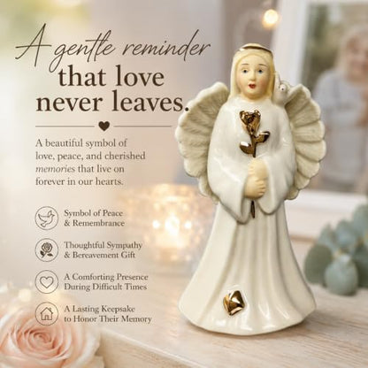 Memorial Angel Figurine with Dove & Gold Rose – Sympathy Gift for Loss of Loved One, Bereavement Angel Keepsake, Remembrance Gift for Grieving Family or Friend, Porcelain Statue, 4 Inch