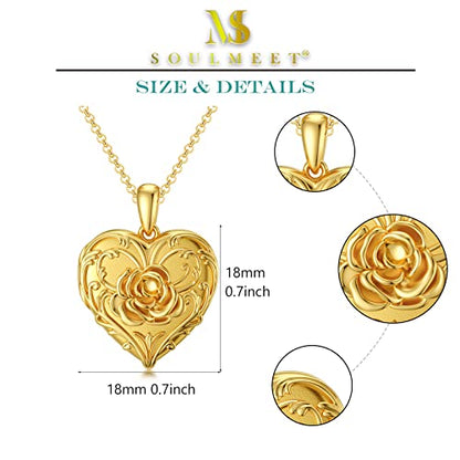 SOULMEET Sunflower/Rose/Daisy Heart Locket Necklace That Holds Pictures Keep Someone Near to You Sterling Silver/Gold Personalized Photo Locket Gift - style: A2-Gold plated rose locket only