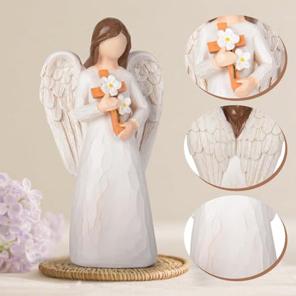 Sympathy Gifts for Loss of Loved One - 6.7" Hand-Painted Angel Figurine Holding Cross with Flowers, Memorial Gifts for Loss of Mother Father, Remembrance Angel Statue Grief Gifts