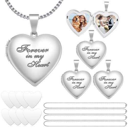 Aurelema Forever in My Heart Locket Necklace Set Sublimation Pendant Trays Set That Hold Pictures Silver Locket Necklace Bezel Tray Chain Sublimation Discs Gift for Women Mom Mother's Day Gift