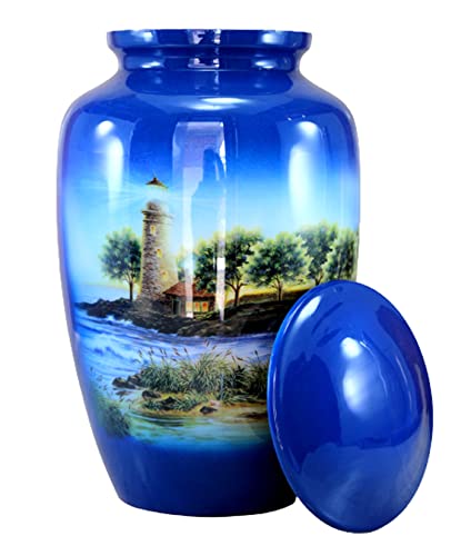 eSplanade Metal Lighthouse Printed Cremation Urn Memorial Jar Pot Container | Blue-Multi - 10" Inches