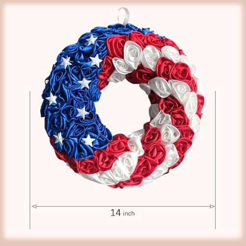 14 Inch Patriotic Roses Handcrafted Wreath, Artificial 4th of July Soft Touch Silk Roses and Metal Stars Wreath for Front Door, Memorial Day for Indoor and Outdoor - size: 14 Inch