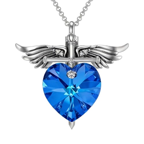 SOULMEET Memorial Wings Necklace for Ashes with Large Heart Crystal Birthstone, Angel Wings Urn Necklaces with Heart Shaped Birthstone Keepsake Silver Cremation Jewelry - style: I-September