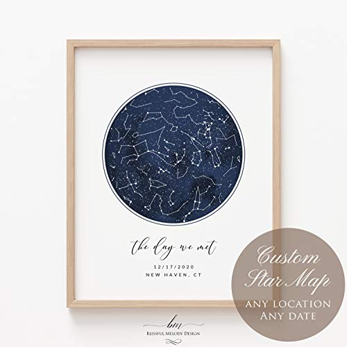 BlissfulMelodyDesign Custom Star Sky Map Print, Navy Watercolor Texture Zodiac Constellation, Wedding Anniversary Birthday Newborn Gift, Wall Art Prints (One Circle) - style: One Circle
