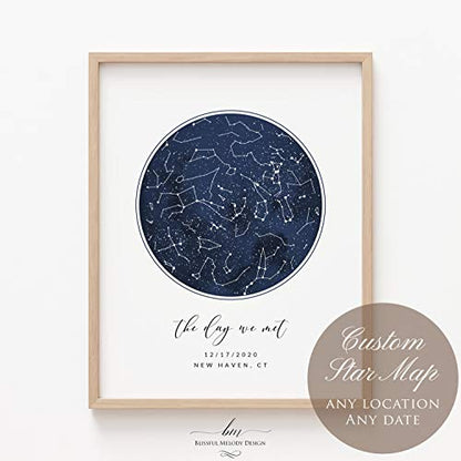 BlissfulMelodyDesign Custom Star Sky Map Print, Navy Watercolor Texture Zodiac Constellation, Wedding Anniversary Birthday Newborn Gift, Wall Art Prints (One Circle) - style: One Circle