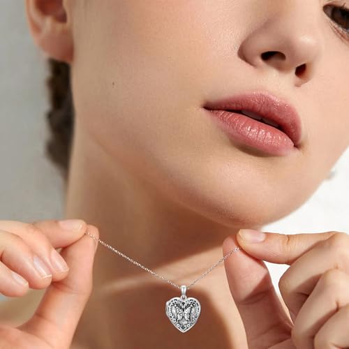 Heart Locket Necklace 925 Sterling Silver Custom Photo Pendant That Holds Pictures Memorial Jewelry Gifts for Women Mom Daughter - color: Butterfly, style: 2-personalized photos