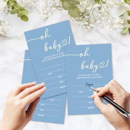 Oh Baby! Baby Shower Invitations for Boys, Blue Minimalism Invite Cards for Baby Announcement, 25 Set of Fill-in Invites with Envelopes, Gender Reveal Party Supplies -B15 - color: blue