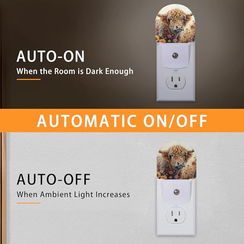 Highland Cow Wildflowers Night Light,Night Lights Plug into Wall with Dusk to Dawn Sensor,Lamp for Bedroom Bathroom Hallway Nightlight for Women Girls - color: Highland Cow Wildflowers