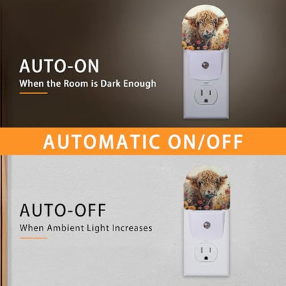 Highland Cow Wildflowers Night Light,Night Lights Plug into Wall with Dusk to Dawn Sensor,Lamp for Bedroom Bathroom Hallway Nightlight for Women Girls - color: Highland Cow Wildflowers