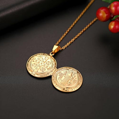 Bible Locket Cross Photo Necklace That Holds Pictures for Men Women | Stainless Steel Openable Keepsake Personalized Faith Gifts for Birthday Anniversary Christmas Memorial Day, 17.7 Inch Chain - color: gold-Saint Benedict