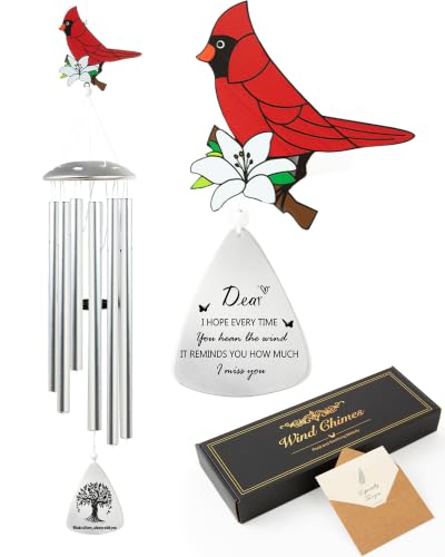 Wind Chimes for Outside, Sympathy Gift for Loss of Loved One, Sliver | Red Cardinal Sympathy Wind Chimes with Tree of Life Pendant, Weather-Resistant Aluminum Tubes, Bereavement Remembrance Gift - color: Sliver