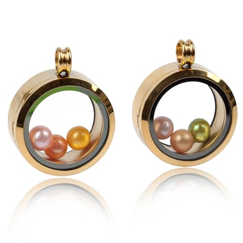 2PCS 30MM Floating Charm Locket Necklace with 6 Freshwater Pearls/Beads,316L Stainless Steel Clear Glass Locket,Small Waterproof Living Memory Pendant for Women(Without Chain) - color: Gold