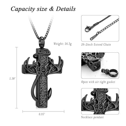 XSMZB Cross Cremation Jewelry Urn Necklace for Human Ashes Fish Hook Memorial Urn Pendant Deer Antler Cross Ashes Holder Keepsake Jewelry - color: Black