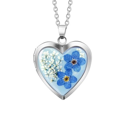 Handmade Heart Shaped Dried Pressed Forget Me Not Flower Photo Locket Pendant Necklace - color: Silver, style: customized