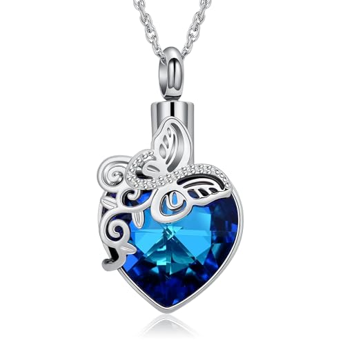 shajwo Butterfly Heart Urn Necklaces Cremation Jewelry for Ashes for Women Men Memorial Human Ashes Pendant - color: 1-Silver-Blue