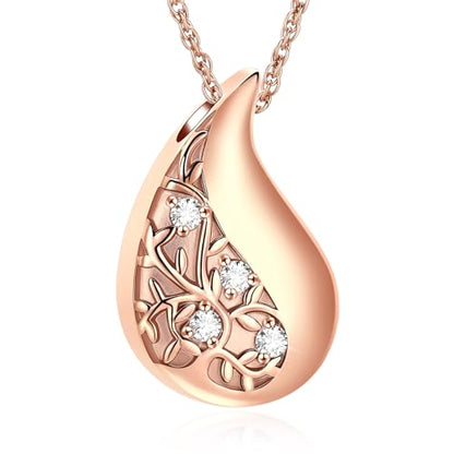 Tree of Life Teardrop Urn Necklace for Ashes Teardrop Crystal Cremation Jewelry Celtic knot Ashes Pendant Stainless Steel Keepsake Memorial Jewelry for Women Men - color: Rosegold