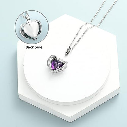 shajwo Angel Wing Heart Urn Ashes Necklace for Women Men | Cremation Jewelry,Birthstone Necklace of Loved One,Memorial Pendant for Human Pet - color: Silver-Purple