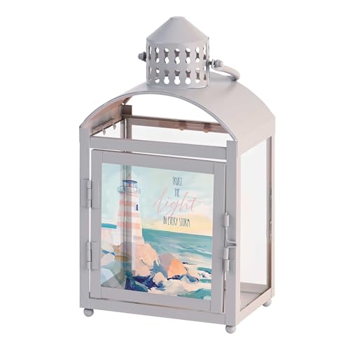 Magnolia Garden 10.5 Inch Grey Metal Arched Lantern – LED Candle Home Decor – Lighthouse Scene – “Trust the Light in Every Storm - size: 4 x 4 x 10.5, style: Trust The Light Through Every